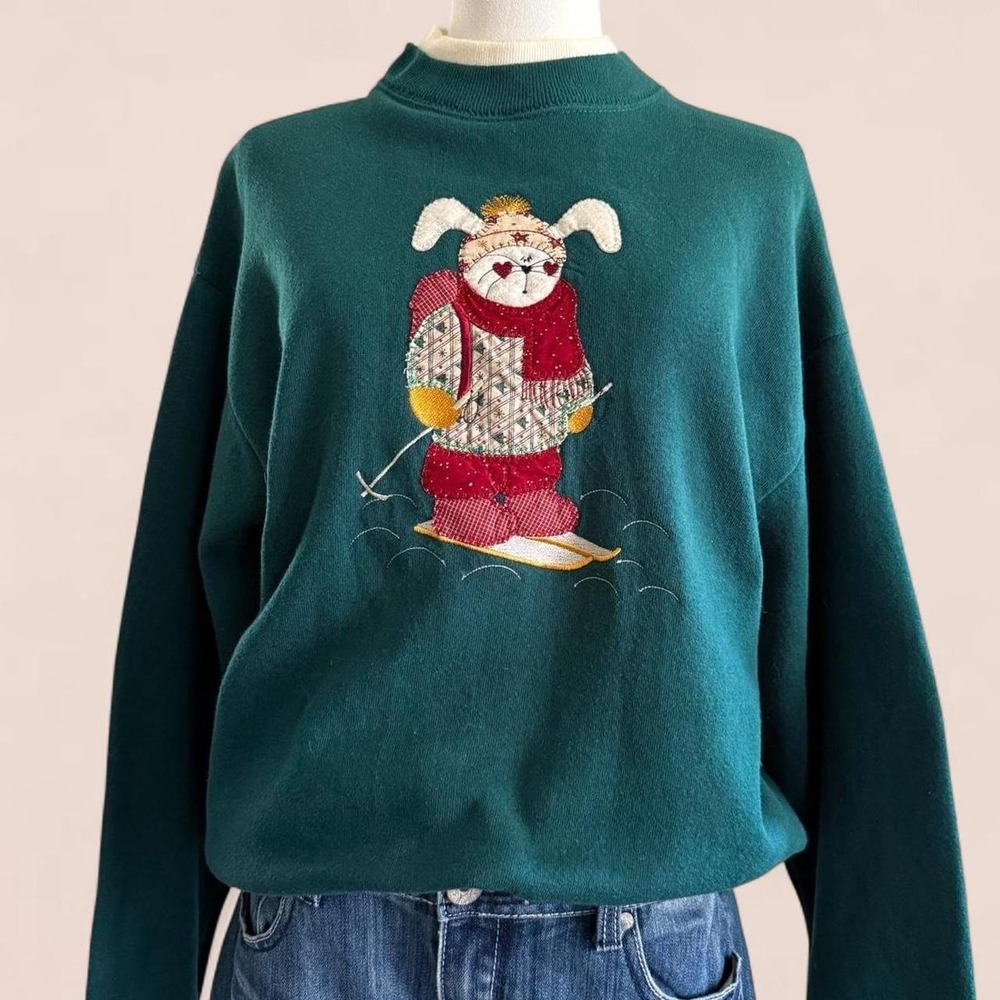 90's Women's Medium Vintage Ski Bunny Appliqué Green Sweatshirt